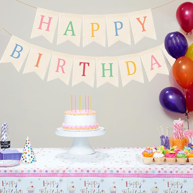 Doumeny Happy Birthday Burlap Banner Boho Birthday Bunting Garland Pastel Bohemian Sign Party Banner White Hanging Garland Rainbow Birthday Bunting Falg for Home Mantel Fireplace Nursery Backdrop