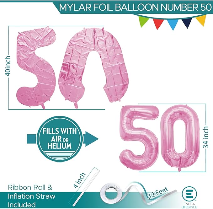 40 Inch Large Pink Number Celebration and Decoration Balloon for Birthday Parties, Graduations, Anniversaries, Weddings, Photo Shoots, Special Events - Helium Foil Mylar (Pink Number 50)