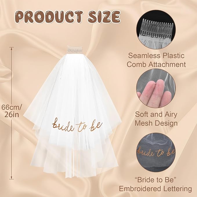 Rose Gold Bride to Be Sash Veil for Bachelorette Party Decorations, 2 Pack Bride to Be Decorations Set for Women and Girls, Bridal Shower Gift, Wedding Engagement Gifts for bride