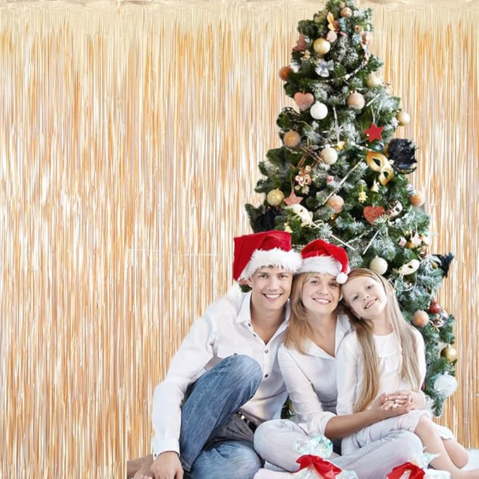 Light Gold Backdrop Curtains -6.6x9.8 feet, Pack of 2 | LILF Matte Foil Fringe Curtain with Non-Marking Tape | Tinsel Streamers Backdrop for Birthday Bachelorette Party Decoration Photo Booth Props