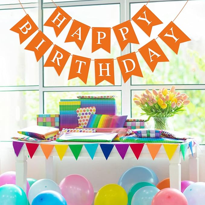 Orange Birthday Banner Sign Happy Birthday Bunting Banner Garland for Kids Girl Woman Tea Party Decorations Bunting Flag Themed Party Supplies
