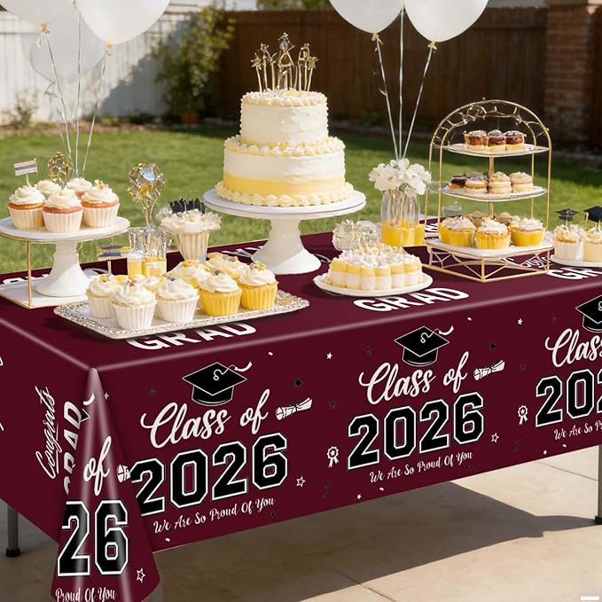 Oigco 2 Pack Maroon Graduation Tablecloths, Graduation Decorations Class of 2026, Congrats Grad Plastic Table Cloths for Graduation Party Decorations, 54 x 108 Inch