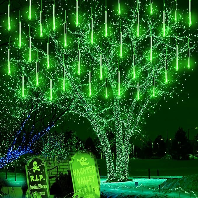 Halloween Lights Outdoor, 16 Inch Meteor Shower Lights for Alien Halloween Decorations, St. Patrick's Day Green Icicle Light for Yard Garden Outside Tree Holiday Porch Roof Decor