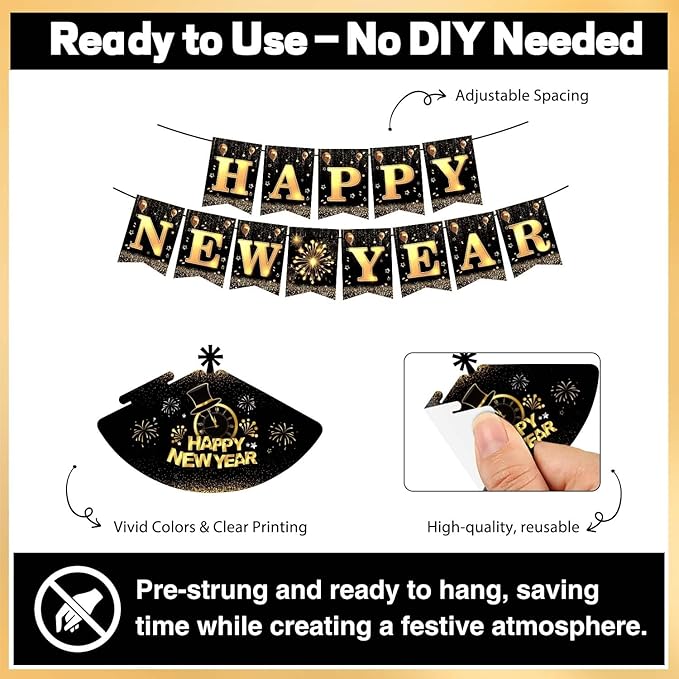 Happy New Year Party Supplies 2026, 49pcs New Years Party Favors Set Includes New Years Paper Hats, Headband, Eyeglasses, Blowouts, Banner for New Year's Eve Party