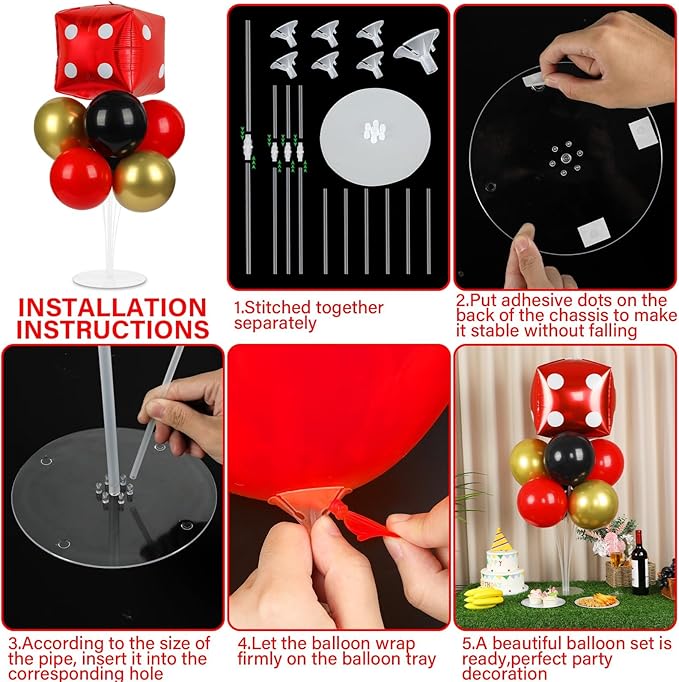 Casino Party Balloons Stand Kit 2 Sets with 2 Dice Foil Balloons Casino Night Theme Party Balloon Centerpiece for Tables for Poker Las Vegas Game Night Birthday Party Decorations