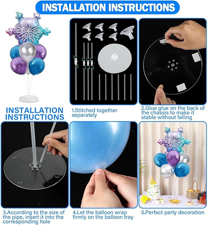 Snow Birthday Party Balloons Stand Kit 2 Sets With Snowflake Foil Balloons for Winter Wonderland Girl Princess Birthday Party Themed Decorations - Balloon Centerpiece for Tables