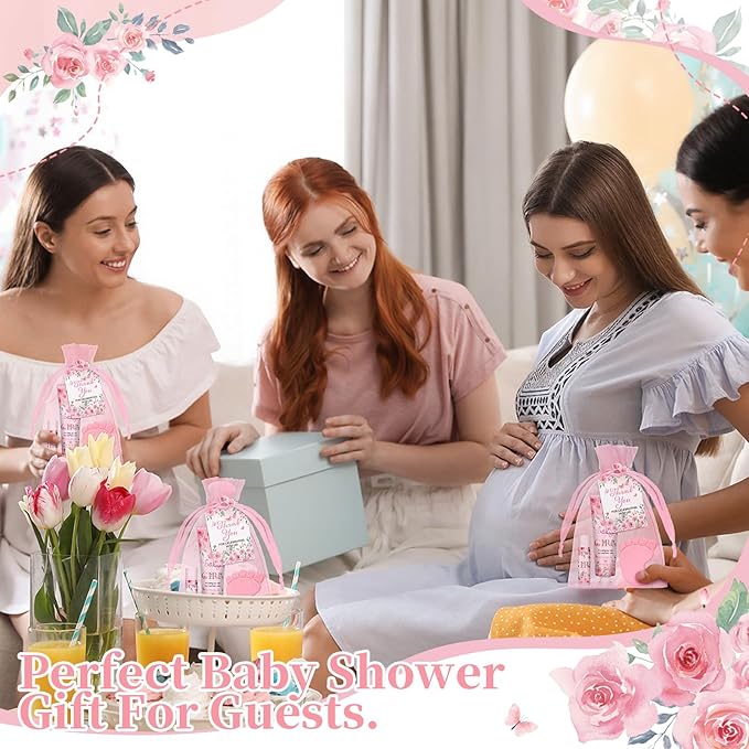 Loopeer 30 Set/150 Pcs Pink Flowers Baby Shower Favors for Guests Gifts Hand Cream Lip Balm Soap Party Favors Gifts Travel Size with Organza Bags, Thanks You Card for Baby Shower Birthday Wedding