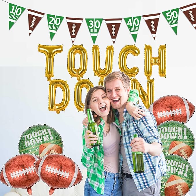Football Balloons Gold Touchdown Letter Balloons Round Touchdown Balloons and Banner for Football Birthday Party Decoration Game Day Tailgate Party Decorations Theme Supplies Balloon Sets-16 PCS