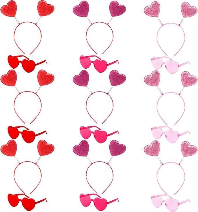 18 Pack Valentine's Day Glitter Heart Headband and Heart Shaped Sunglasses for Valentine's Day Wedding Party Supplies