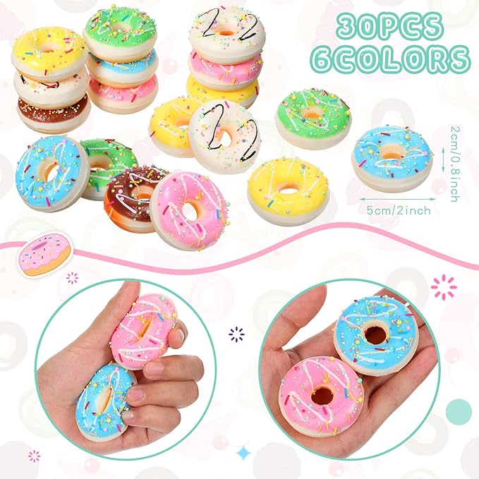 30 Pcs Donut Stress Balls Donut Party Favors Funny Squeeze Balls Stress Relief Sensory Doughnut Toys for Party Decoration Supplies, 6 Colors