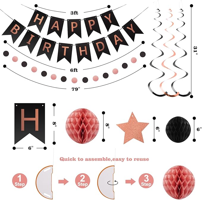 meowtastic Birthday Decorations, Happy Birthday Banner with Honeycomb Balls, Star Hanging Swirl Streamers, Circle Dot Garland, Happy Birthday Party Decoration for Women Men Boy Girls (Rose Gold&Black)