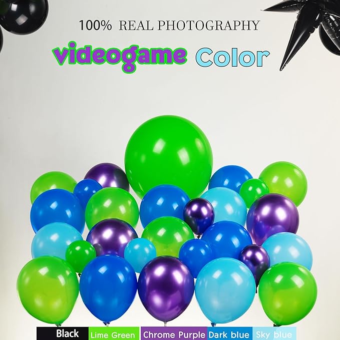 Video game Themed blue and green chrome purple balloon garland arch kit 140+pcs with handle star mylar balloon for Video game Themed Birthday party decorations