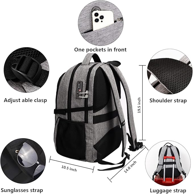 SHRRADOO Anti Theft Laptop Backpack Travel Backpacks with Combination Lock for Women Men (Grey, Large)