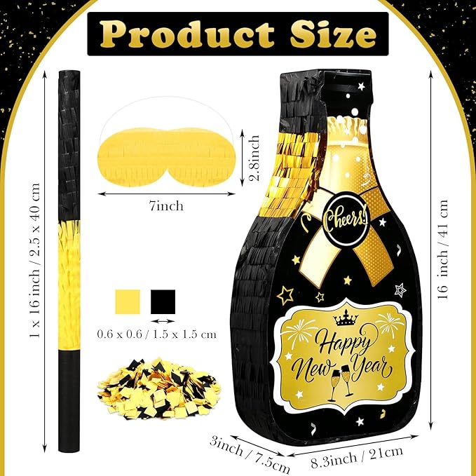 Capoda Happy New Year Champagne Piñata Set 16 x 8.3 x 3 Inches Champagne Bottle Black and Gold Piñata with Tassel Stick Blindfold Confetti for 2026 New Years Eve Party Games Supplies Decorations