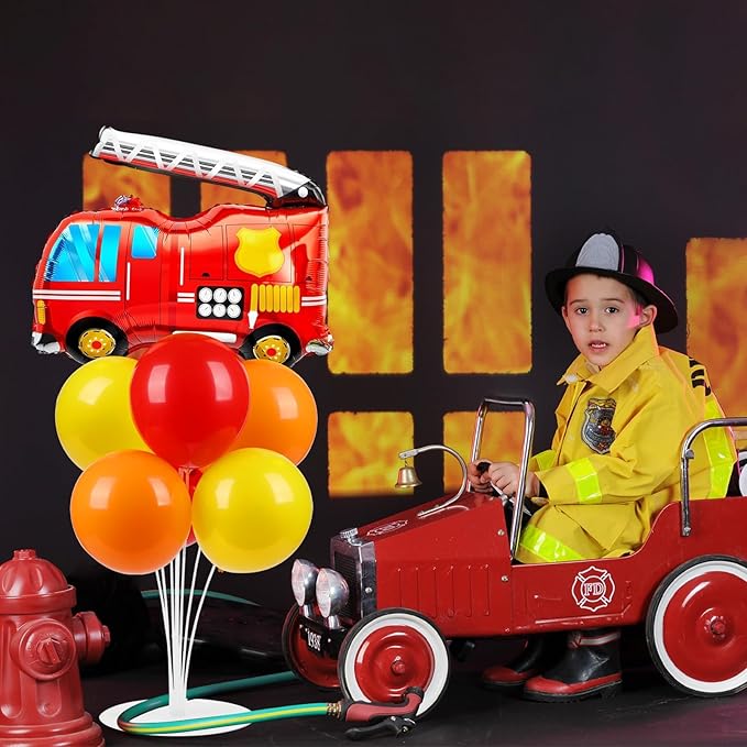 Fire Party Balloons Stand Kit 2 Sets with 2 Fire Truck Foil Balloons Fireman Firefighter Themed Party Balloon Centerpiece for Tables for Firefighter Rescue Birthday Party Decorations