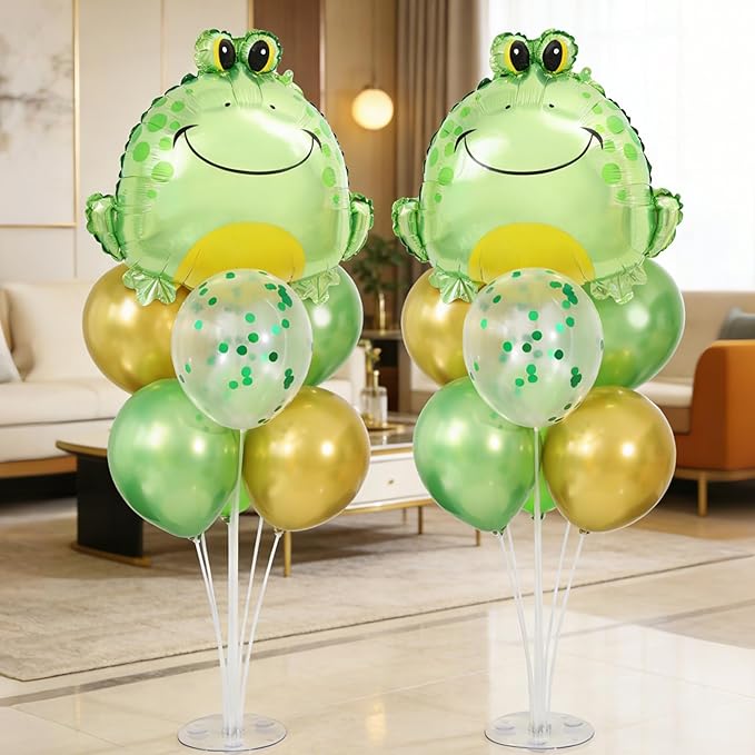 Frog Balloons Centerpieces for Tables 2 Sets, Green Frog Balloons Stands for Table, Frog Birthday Party Decorations with Frog Head Aluminum Foil Balloons for Frog Birthday Decorations