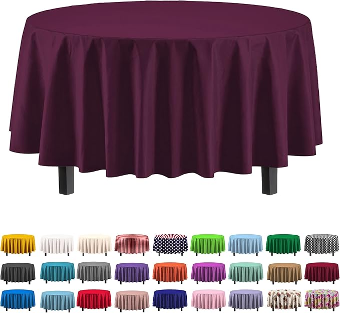 Exquisite 12-Pack Premium Plastic Tablecloth Pack of 12 Premium Plastic Tablecloth 84 Inch Round Table Cover - Plum