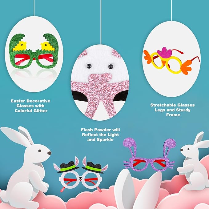 MGparty Easter Party Glasses Frame 12PCS Easter Bunny Ears Chick Eggs Glasses Easter Party Decoration Supplies Easter Photo Booth Basket Stuffers for Kids and Adults