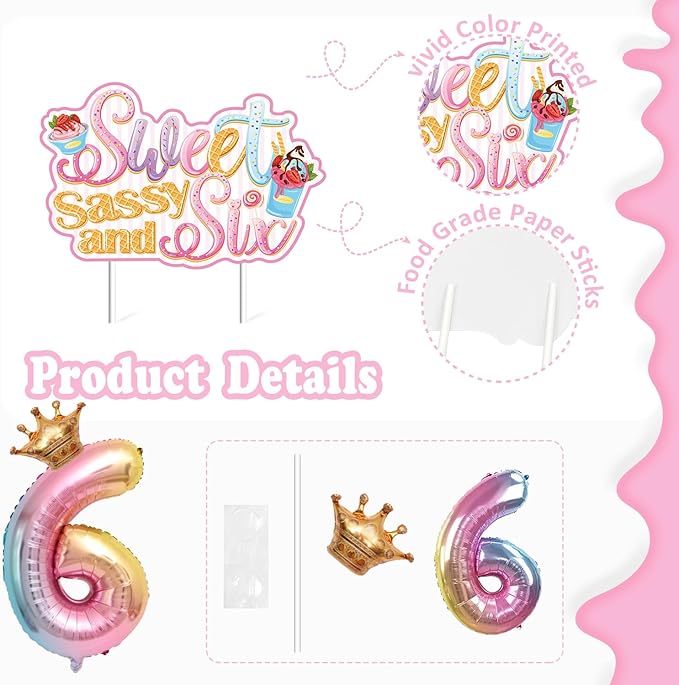 Sweet Sassy and Six Birthday Decorations for Girls - 6th Birthday With Donut Banner, Cake Topper, Foil Balloon for Ice Cream Party