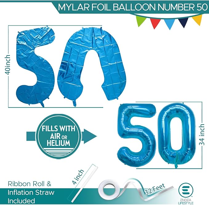 40 Inch Large Blue Number Celebration and Decoration Balloon for Birthday Parties, Graduations, Anniversaries, Weddings, Photo Shoots, Special Events - Helium Foil Mylar (Blue Number 50)