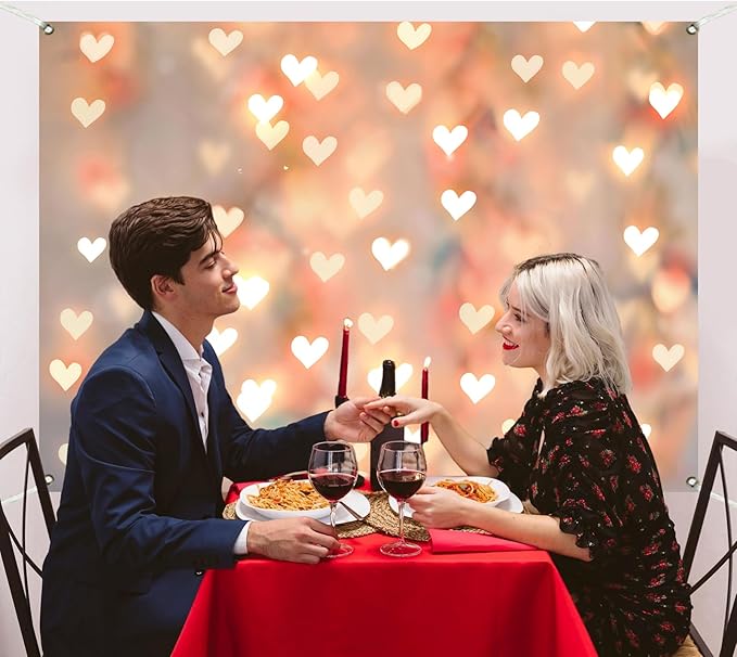 Romantic Anniversary Backdrop Banner 7x5ft Gold Heart Light Decorations for Couples Date Night Wedding Engagement Birthday Party Photo Booth Background (82x59inch)