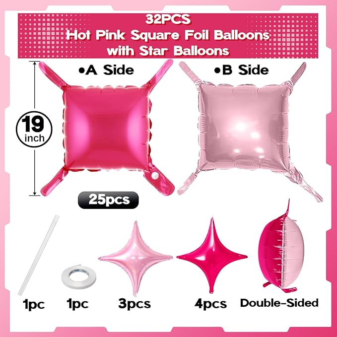 32PCS Hot Pink Square Foil Balloon Wall Double Sided, Metallic Bright Pink and Light Pink with Star Balloons Backdrop Flat Tunnel Foil Magenta Background for Girls Women Princess Birthdays Baby Shower