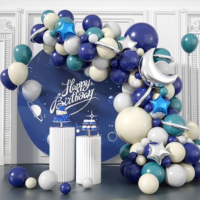 Outer Space Balloon Arch Kit, Navy Blue And White Grey Sea Blue Moon Star Foil Balloon for Boy Space Birthday Astronaut UFO Theme Graduation Party Galactic Celebration Baby Shower Decorations