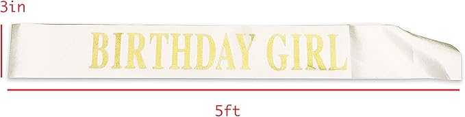 Birthday Sash for Girls White Satin Birthday Girl Sash with Gold Glitter Lettering Party Favors, Supplies and Decorations