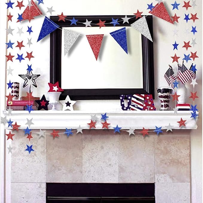 Decor365 4th of July Patriotic Decorations Set Glitter Star Streamers Pennant Bunting Banner Red White Blue Garland for Independence Day Veterans Labor Day Decor Holiday Memorial Day Party Supplies