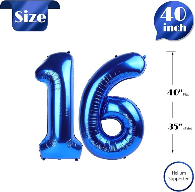 16 Balloon Number, Metallic Blue Number 16th Birthday Balloons 40 Inch, Sweet 16 Years Old Metallic Blue Birthday Decorations for Boys Girls, 16th Anniversary Decorations