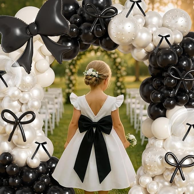Black Bow Birthday Decorations,187Pcs Black and White Balloon Arch Kit with Clear Bow Foil Double Stuffed Pearl Balloons Ribbon Bow Pearl Stickers for Bow Coquette Birthday Bachelor Bridal Baby Shower