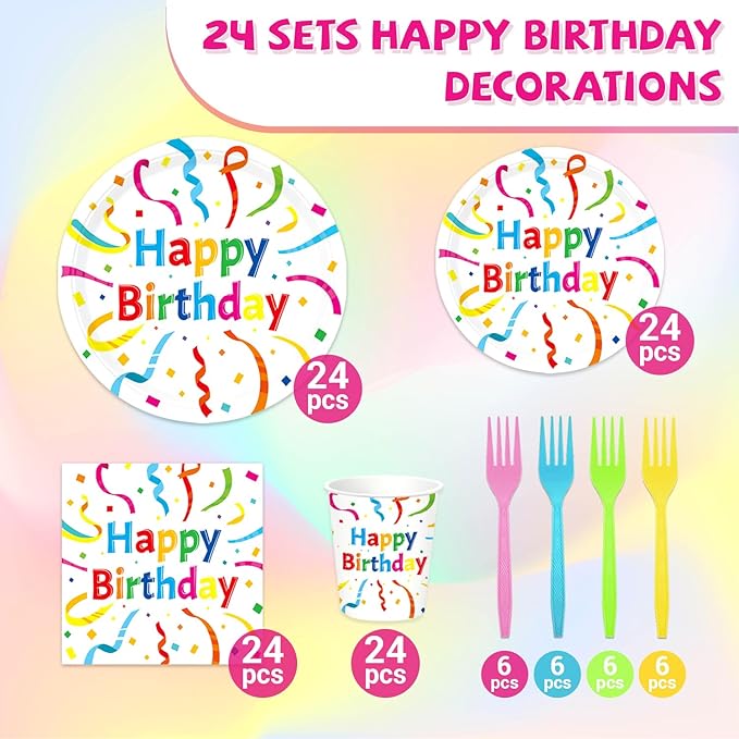 120Pcs Birthday Plates and Napkins Party Supplies Set, Serves 24 Guests Birthday Paper Plates and Napkins, Cups, Forks, Multicolor Birthday Design for Kids Boys Girls Party Decorations