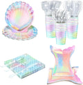 144 Pcs Mermaid Party Supplies Tableware Mermaids Themed Decorations Under the Sea Party Dinnerware Set Includes Plates Napkins Cups Spoons Fork Knives for Baby Shower Birthday Party(Cute Style)