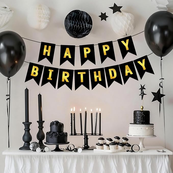 Hooqict Happy Birthday Banner Black and Gold Birthday Decorations for Kids Men Women Black Party Banner Decorations Supplies Wall Door Garland Sign Bunting Flag