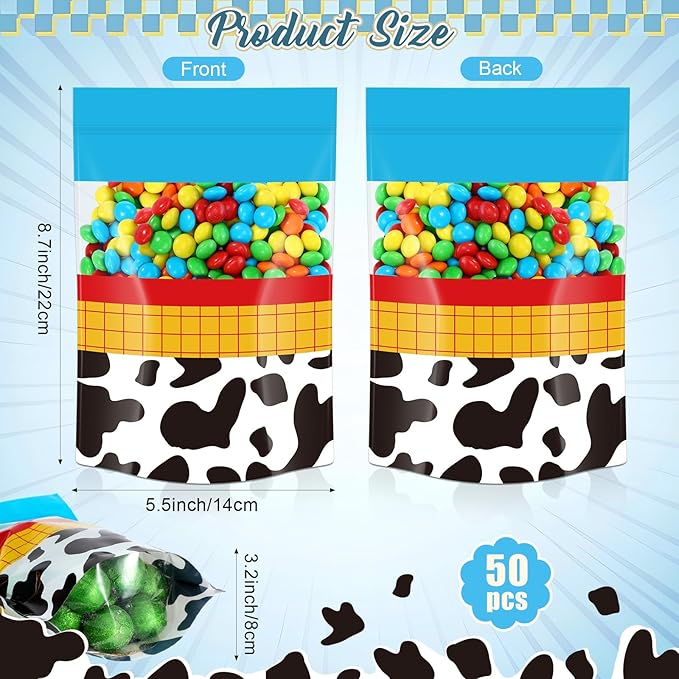 Fuutreo 50 Pcs Cartoon Story Bags Plastic Blue Sky Sealed Pouches Resealable Cow Pattern Pouches Party Favor Bags for Home Candy Small Gift Party Wrapping Supplies Decoration