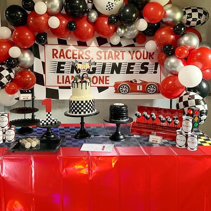 3Pack Iridescent Race Car Plastic Tablecloth, Disposable Shiny Laser Red and Black Checkered Table Cloth, Holographic Foil Rectangle Tablecloth for Race Car Boys Birthday Party Decorations, 54x108Inch