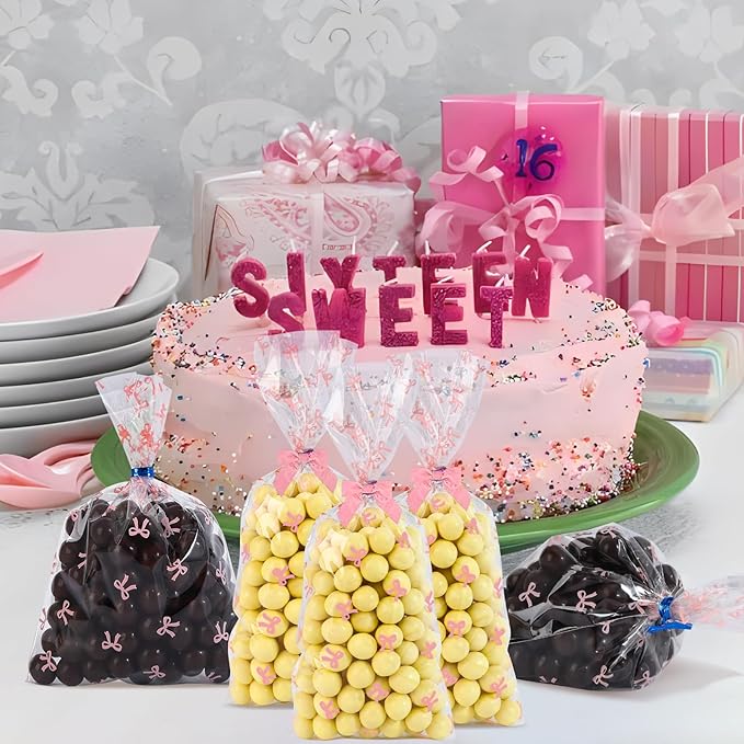 SOMIOCO Clear Cello Cellophane Treat Party Favor Bags Pink Candy Cookie Plastic gift Goodie Bags with Twist Tie for Birthday,Baby shower,Wedding,Party(Bow Pattern) 100 PCS 4X9 In