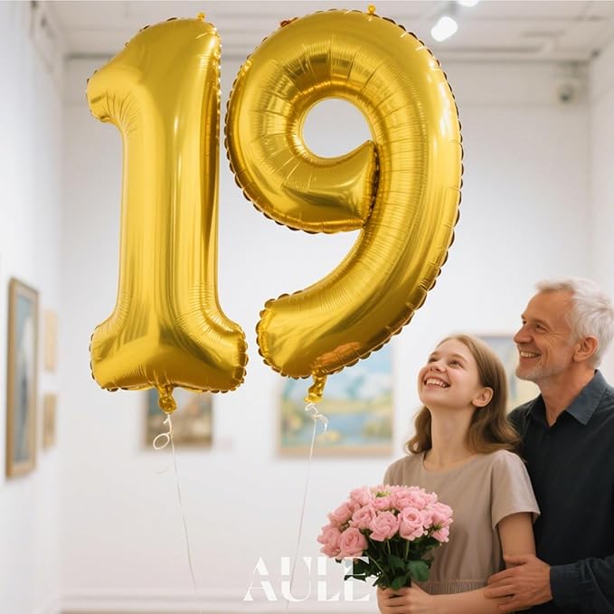 AULE 40 Inch Large 19 Number Balloons Gold, Big Foil Number Balloons, Giant Helium Happy 19th Birthday Party Decorations for Boy and Girl, Huge Mylar 91 Anniversary Party Supplies