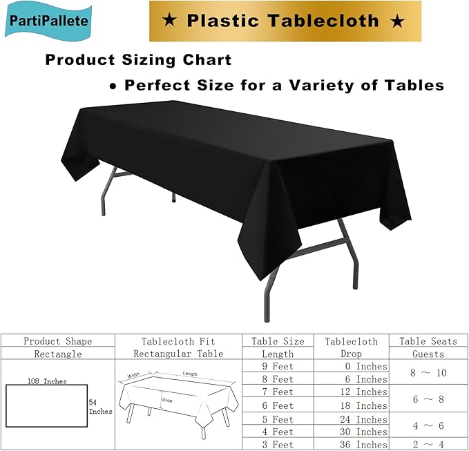 3-Pack Premium Plastic Black Tablecloth Disposable 54 x 108 Inch. Rectangle Table Cover Party Table Cloths for Birthday Baptism Christening BBQ Picnic Banquet Fits up to 8 ft Tables