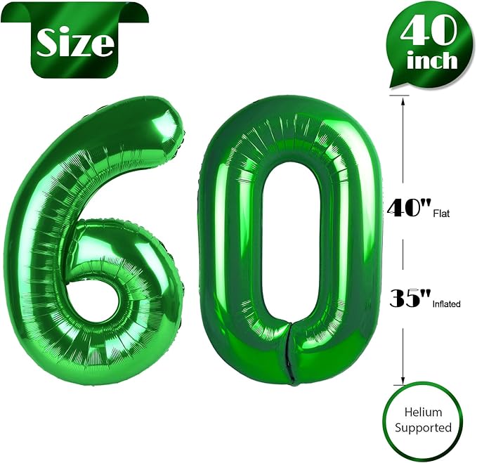 Dark Green Number 60 Balloon 40 Inch, 60th Birthday Party Decorations for Children, Giant 60 Foil Balloon for Party Supplies