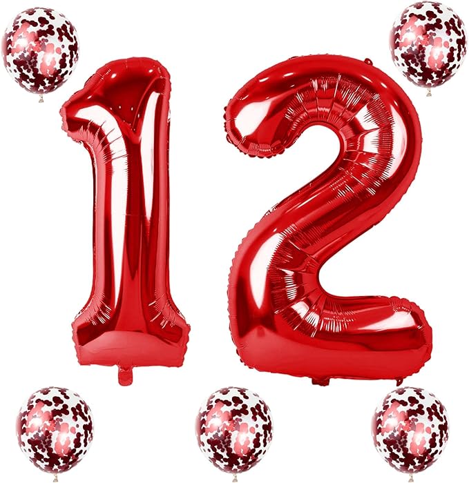 12th Birthday Balloons for Boys Girls, 40 Red Foil Number 12 Balloons with Confetti Latex Helium Balloons, Red Birthday Party Balloons Numbers 1 and 2 for Women Men 12th 21st Anniversary Decorations