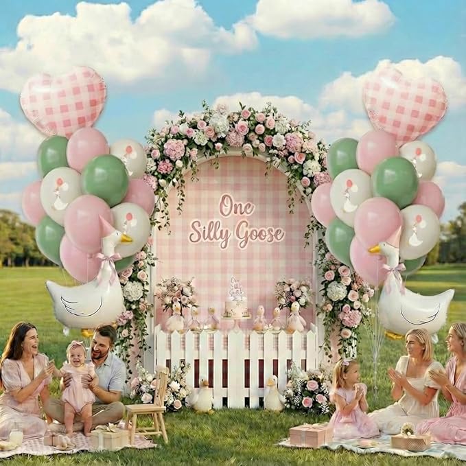 One Silly Goose Birthday Decorations Girl – Goose Balloons with Pink Printed Latex Balloons, Pink Bow & Hats, Cute Baby Girl 1st Birthday Party Supplies