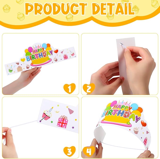 Yunsailing 36 Pcs Happy Birthday Crowns for Kids Paper Birthday Hat Crowns for Classroom Gifts Kids' Party(White)