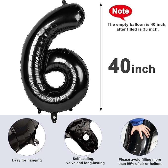 Number 6 Balloon 40 Inch, 6th Birthday Balloon for Boy Girl, Black 16 60 61 65 Numbers Balloons Birthday Party Wedding Events Decorations