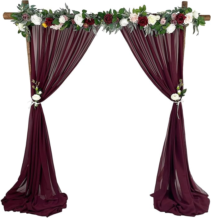Sheer Chiffon Backdrop Curtains 10ft x 10ft(5ft x 2Panels)， Chiffon Fabric Drapes for Wedding, Long Sheer Curtain for Living Room, Arch Party Stage Decoration(Burgundy, 120 x 120 Inch)