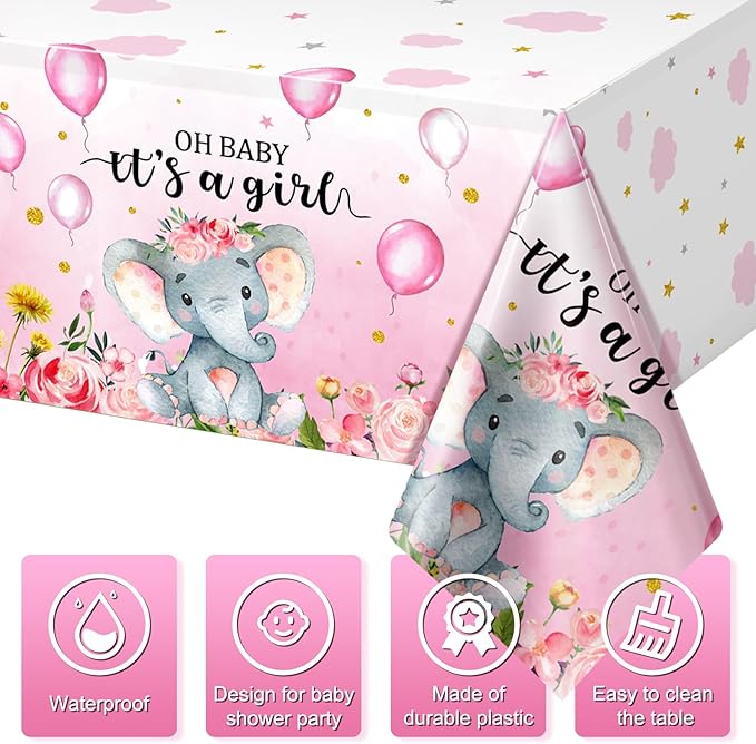 6 Pack Elephant Baby Shower Decorations - Plastic Tablecloth Table Cover Backdrop for Boy Girl Gender Party Supplies, 54 x 108 Inch, Pink