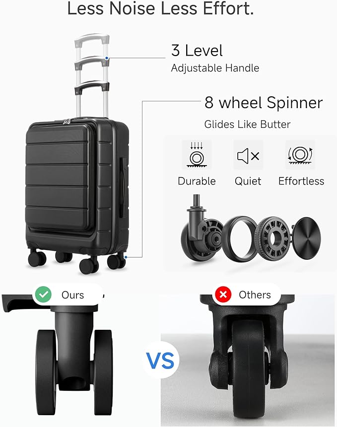 YOETEY Carry On Luggage 22x14x9 Airline Approved, 20" Hardside Suitcase with Front Pocket for Laptop, Lightweight Spinner Luggage with TSA Lock & Matching Tote Bag (3 Piece Sets, Black)