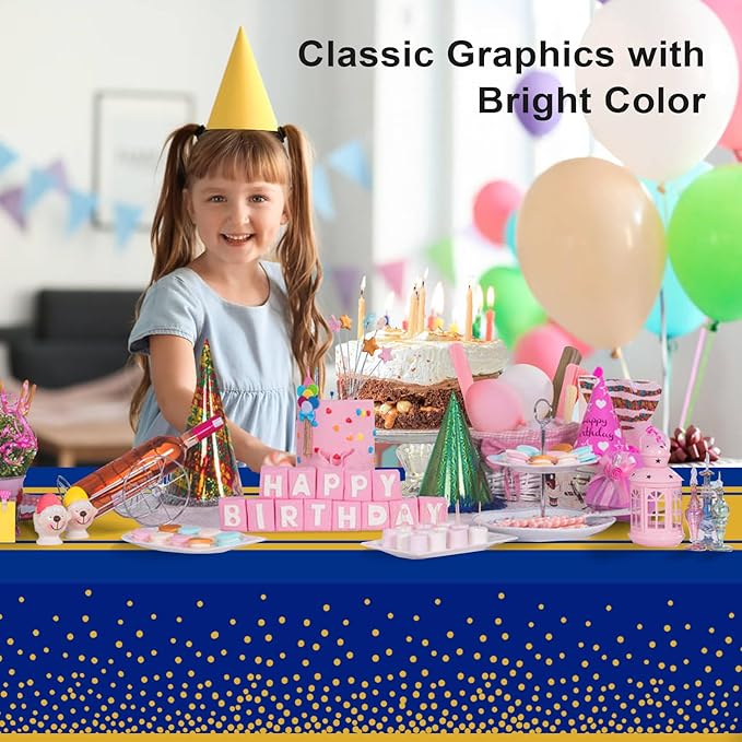 12 Pack Blue and Gold Tablecloth Party Decorations Plastic Blue Tablecloth Printed Gold Table Runner 54 x108 Inch Disposable Rectangle Table Cover for Birthday Wedding Graduation Anniversary