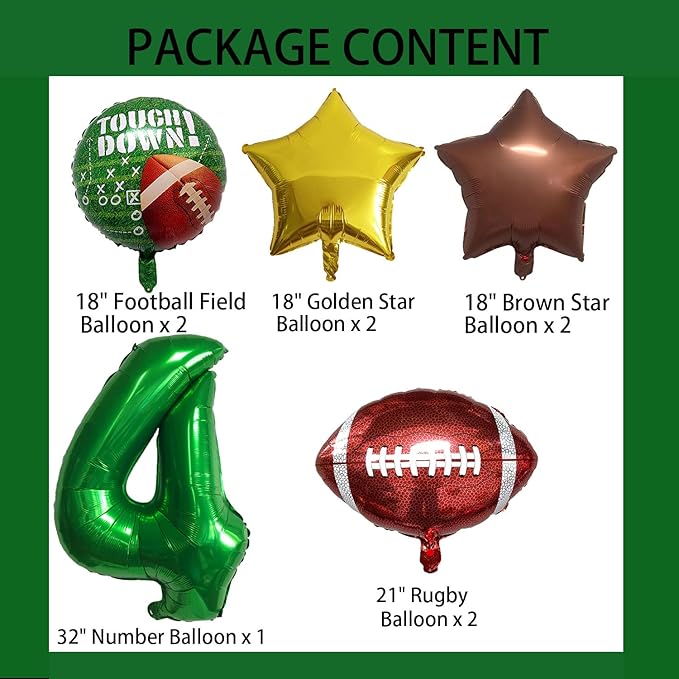 Football Balloons Foil Football Birthday Decorations Balloons Green Number 4 Balloon Gold Brown Star Touchdown Ballons for Rugby Birthday Decorations Sports Ballons Arch Kits Party Balloon Sets 9pcs