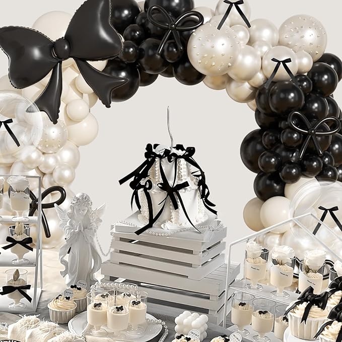 Black Bow Birthday Decorations,187Pcs Black and White Balloon Arch Kit with Clear Bow Foil Double Stuffed Pearl Balloons Ribbon Bow Pearl Stickers for Bow Coquette Birthday Bachelor Bridal Baby Shower